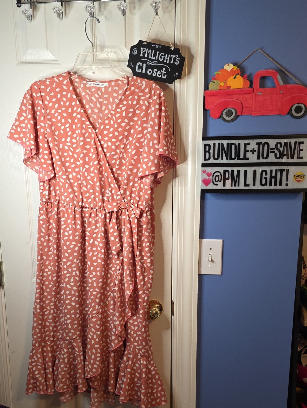 PatPat Wrap Faux Midi Dress Dusty Rose with White Dot Print XL